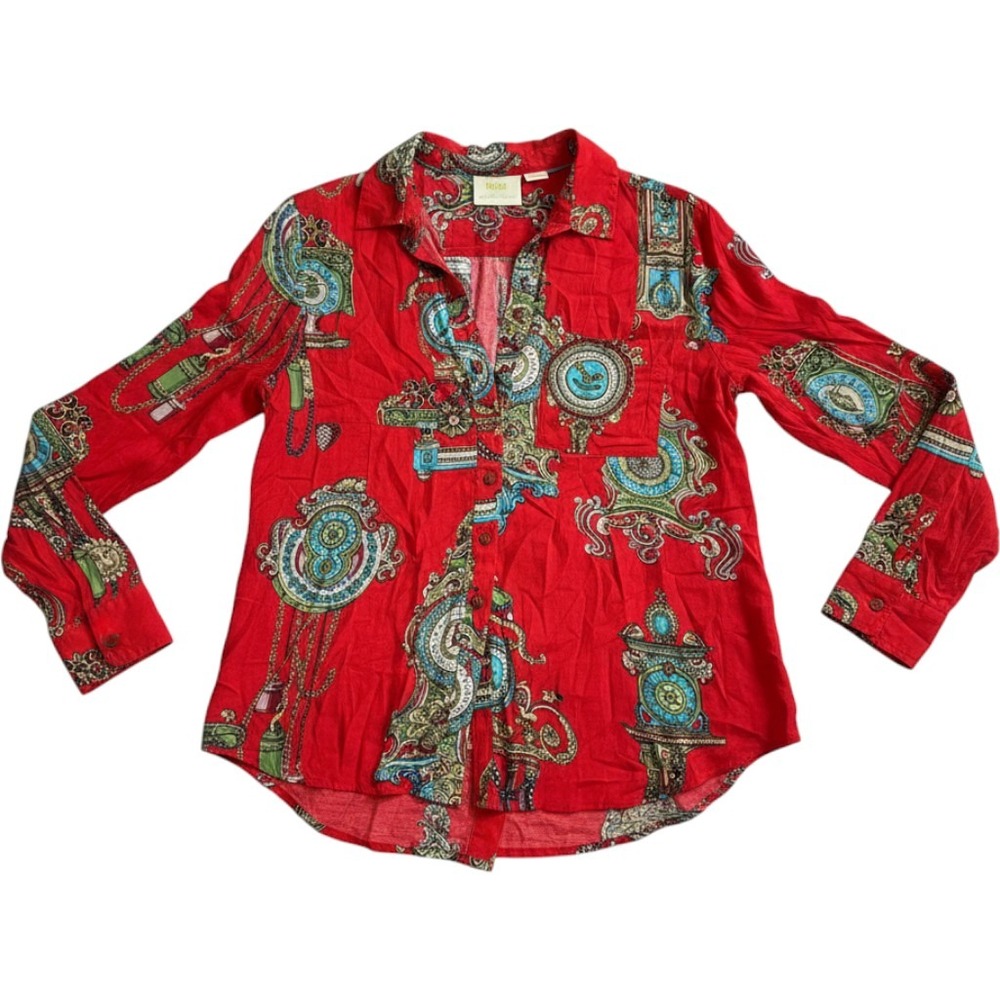 Maeve Anthropologie Red Clock Paisley Print Split Back Rayon Button Down Shirt 6